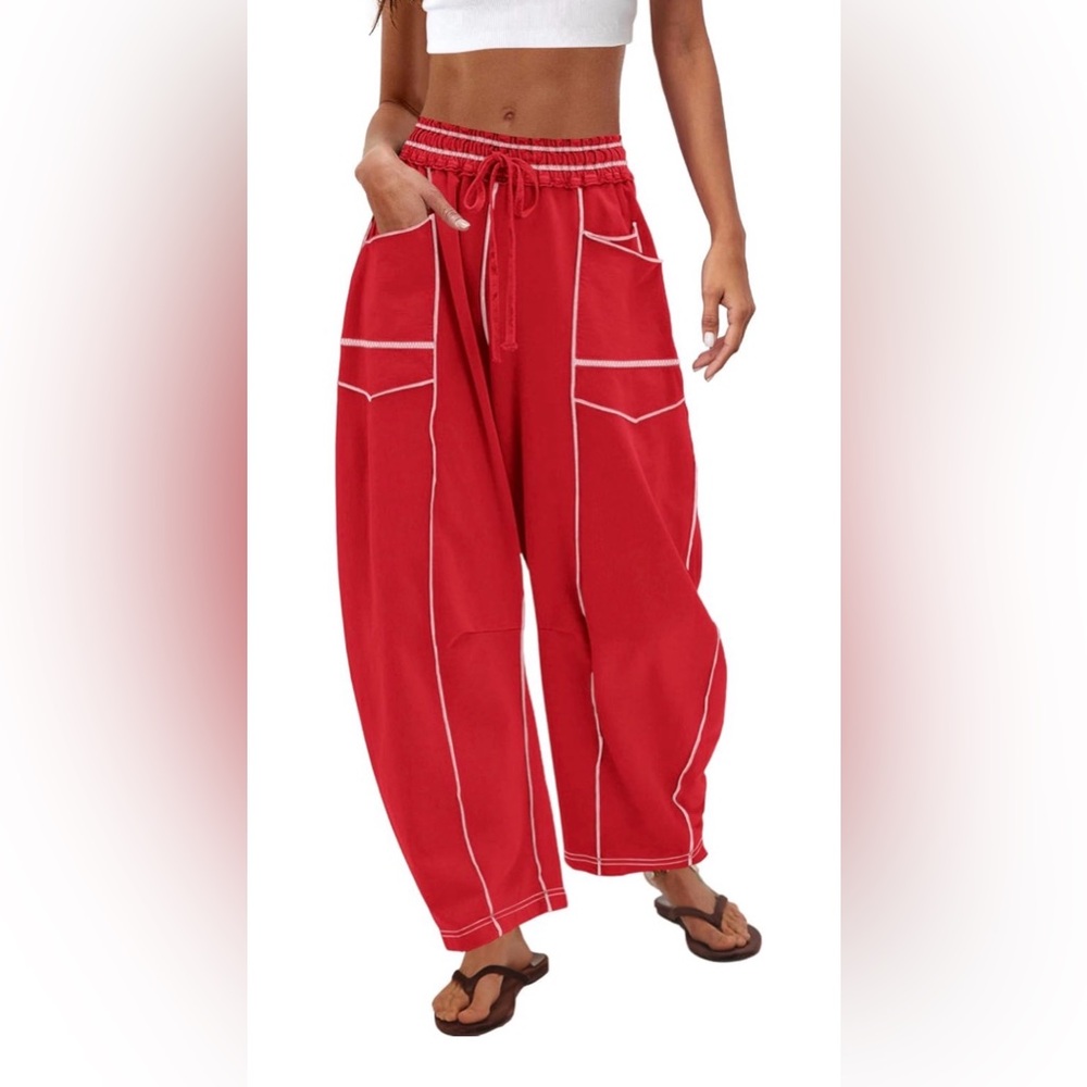 Barrel leg high waist sweatpants, exposed seams w/contrast stitching.
